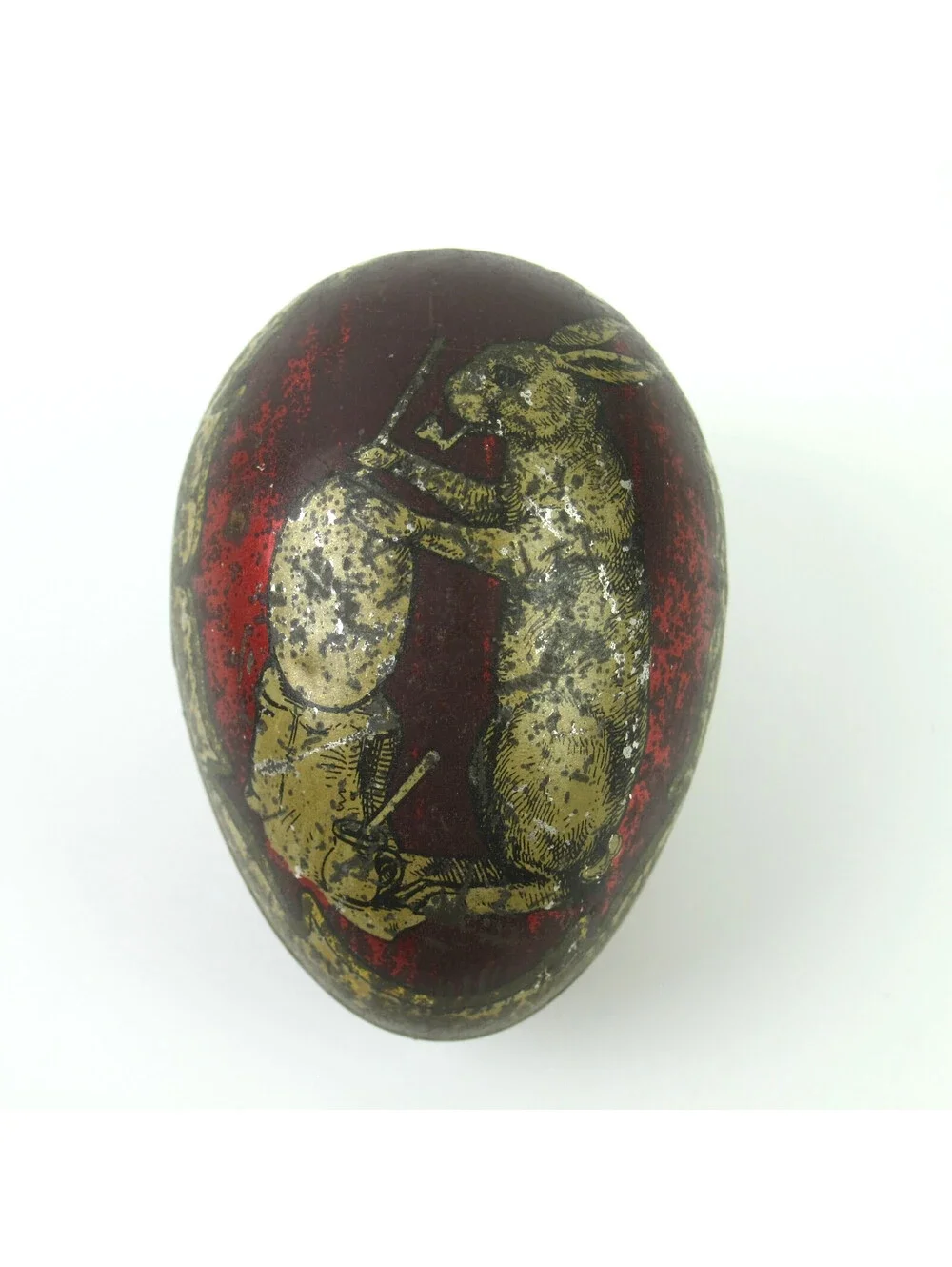 Antique Tin Litho Easter Egg Candy Container Anthropomorphic Rabbit Smokes Pipe